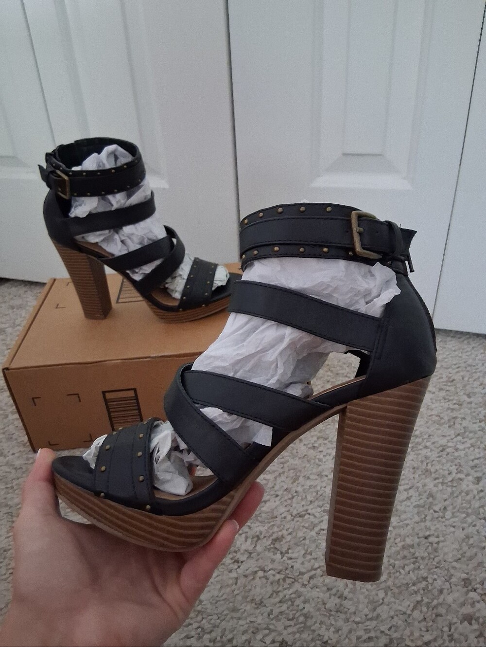 Black Studded Strappy High Heel Sandals